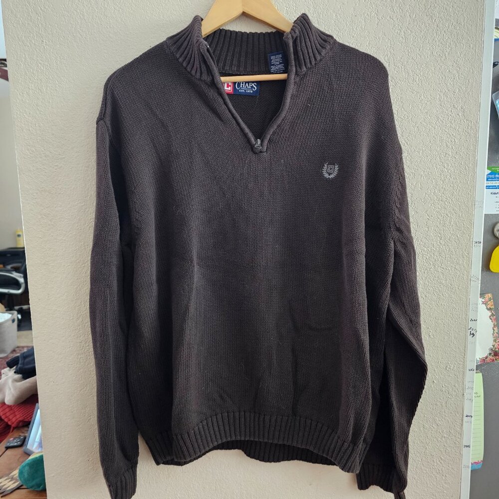 Chaps Men's Pullover Sweater - Classic Fit 100% Cotton Quarter Zip Dark Brown